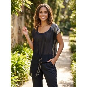 AllSaints Belle top Dress Womens 12 BlackSilk Beaded Sheer Cap Sleeve